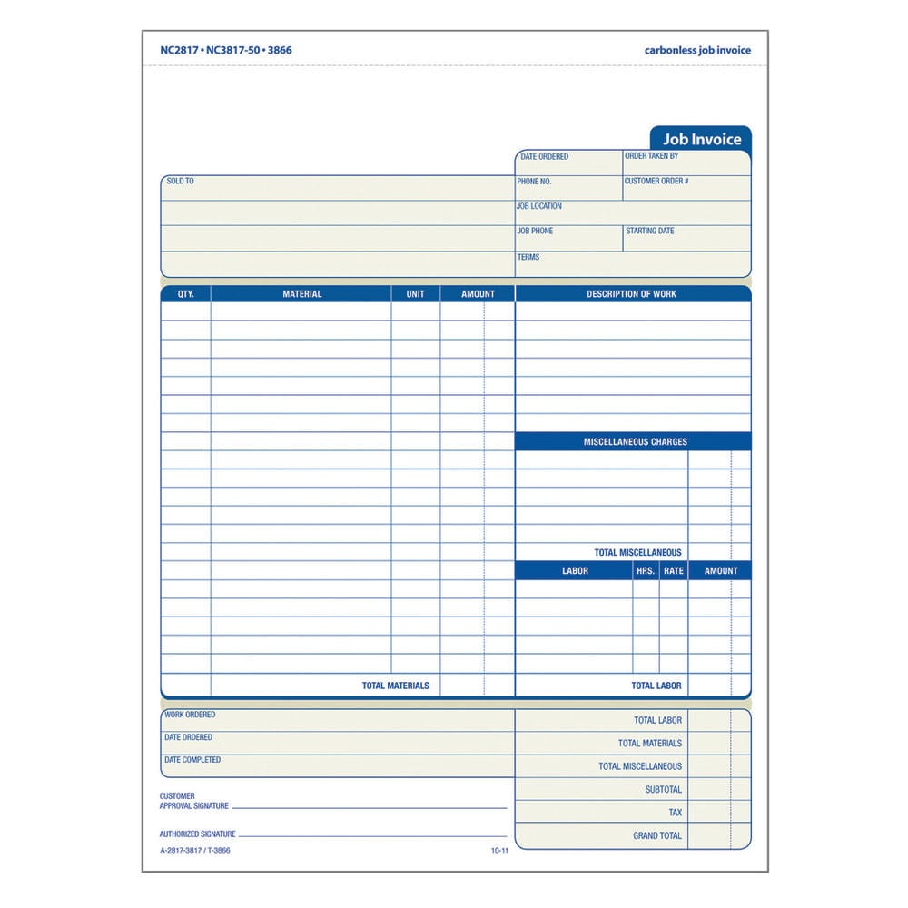 TOPS 3-Part Job Invoices, 8 1/2in x 11in, Pack Of 50 Sets (Min Order Qty 3) MPN:3866