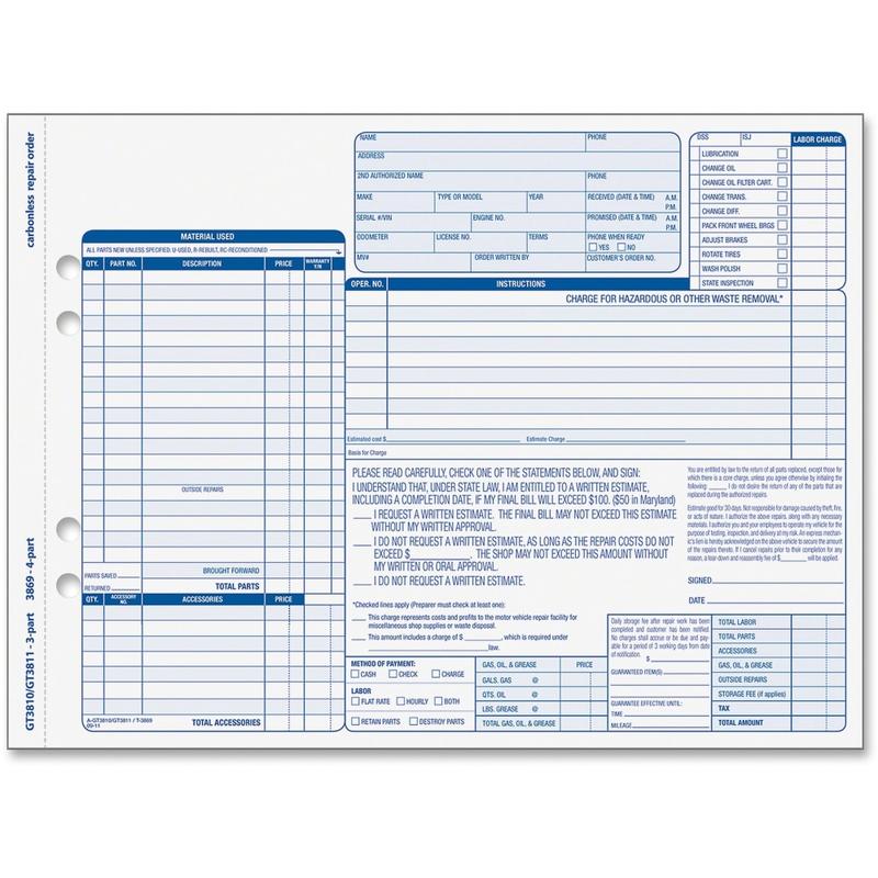 TOPS Garage Repair Order Unit Set - 50 Sheet(s) - 15 lb - 4 PartCarbonless Copy - 8.50in x 11in Form Size - 2 x Holes - White, Canary, Pink, Manila - Blue Print Color - 50 / Pack (Min Order Qty 2) MPN:3869