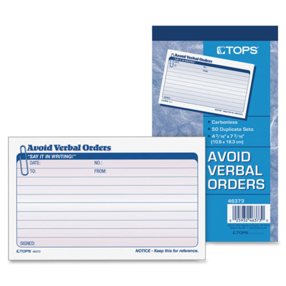 TOPS Avoid Verbal Orders Book - 50 Sheet(s) - 2 PartCarbonless Copy - 4.25in x 7in Form Size - White - 1 Each (Min Order Qty 14) MPN:46373