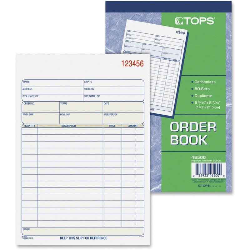 TOPS 2-Part Carbonless Sales Order Book, 50 Sheets, 5-9/16in x 7-15/16in (Min Order Qty 8) MPN:46500