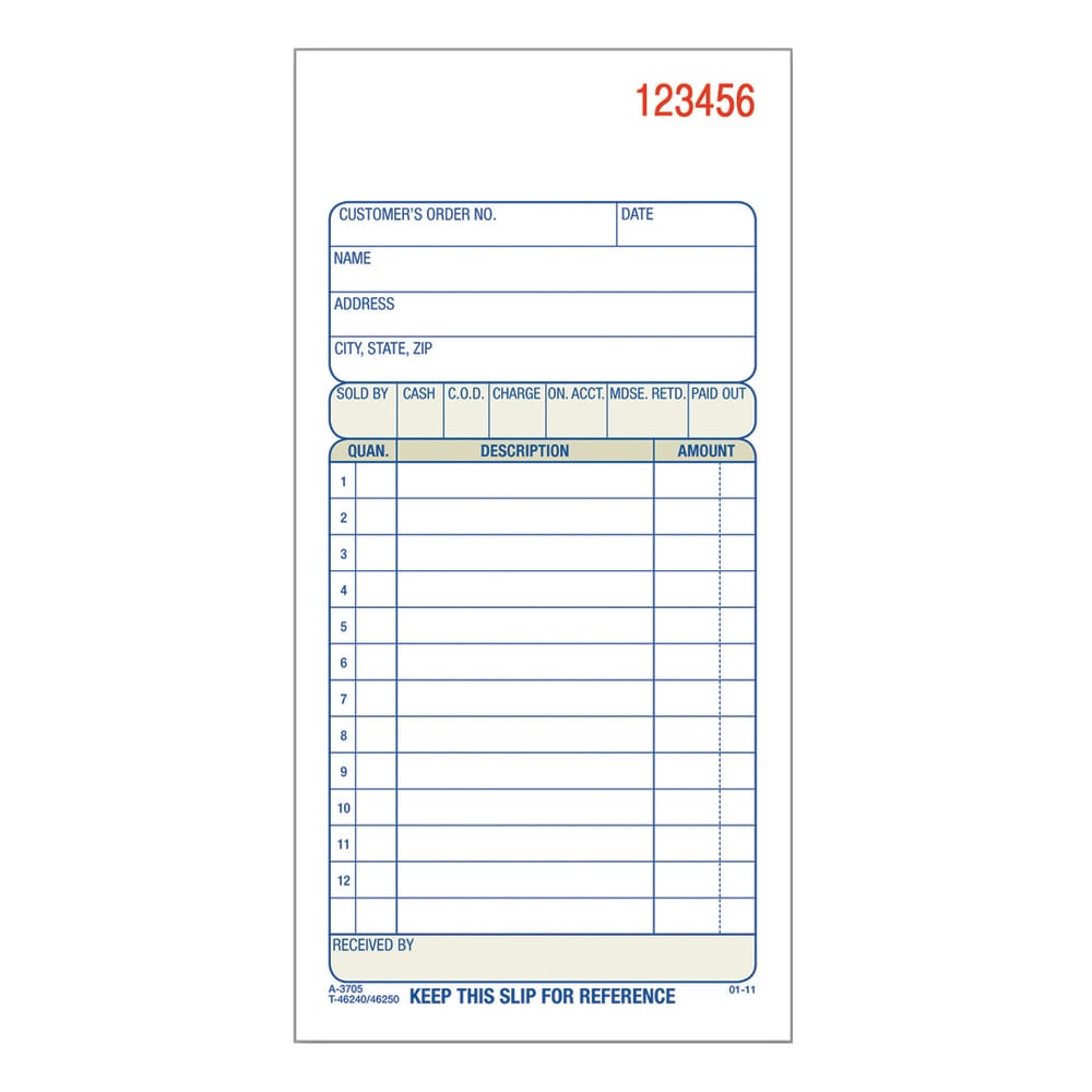 Adams Carbonless 2-Part Sales Book, 3 11/32in x 7 3/16in, Pack Of 50 Sets (Min Order Qty 40) MPN:DC3705