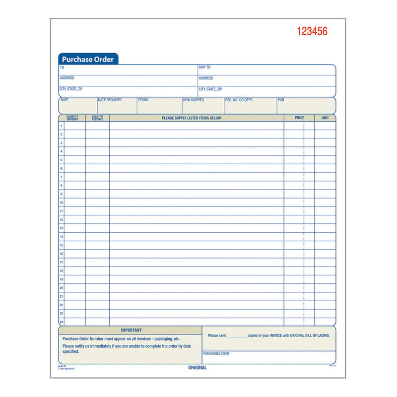 Adams Carbonless Purchase Order Book, 8 3/8in x 10 11/16in, 2-Part, 50 Set Pad (Min Order Qty 11) MPN:DC8131