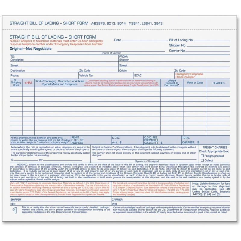 TOPS 3-part Hazardous Material Short Form - 3 PartCarbonless Copy - 8.50in x 6.93in Form Size - 7.62in x 8.50in Sheet Size - White Sheet(s) - Blue Print Color - 250 / Box MPN:L-3841