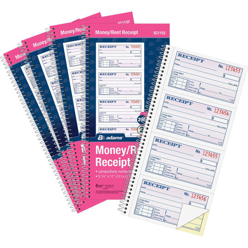 Adams Spiral 2-part Money/Rent Receipt Book - 200 Sheet(s) - Spiral Bound - 2 Part - 11in x 5.25in Form Size - White, Canary - Assorted Sheet(s) - 5 / Pack MPN:SC1152PK