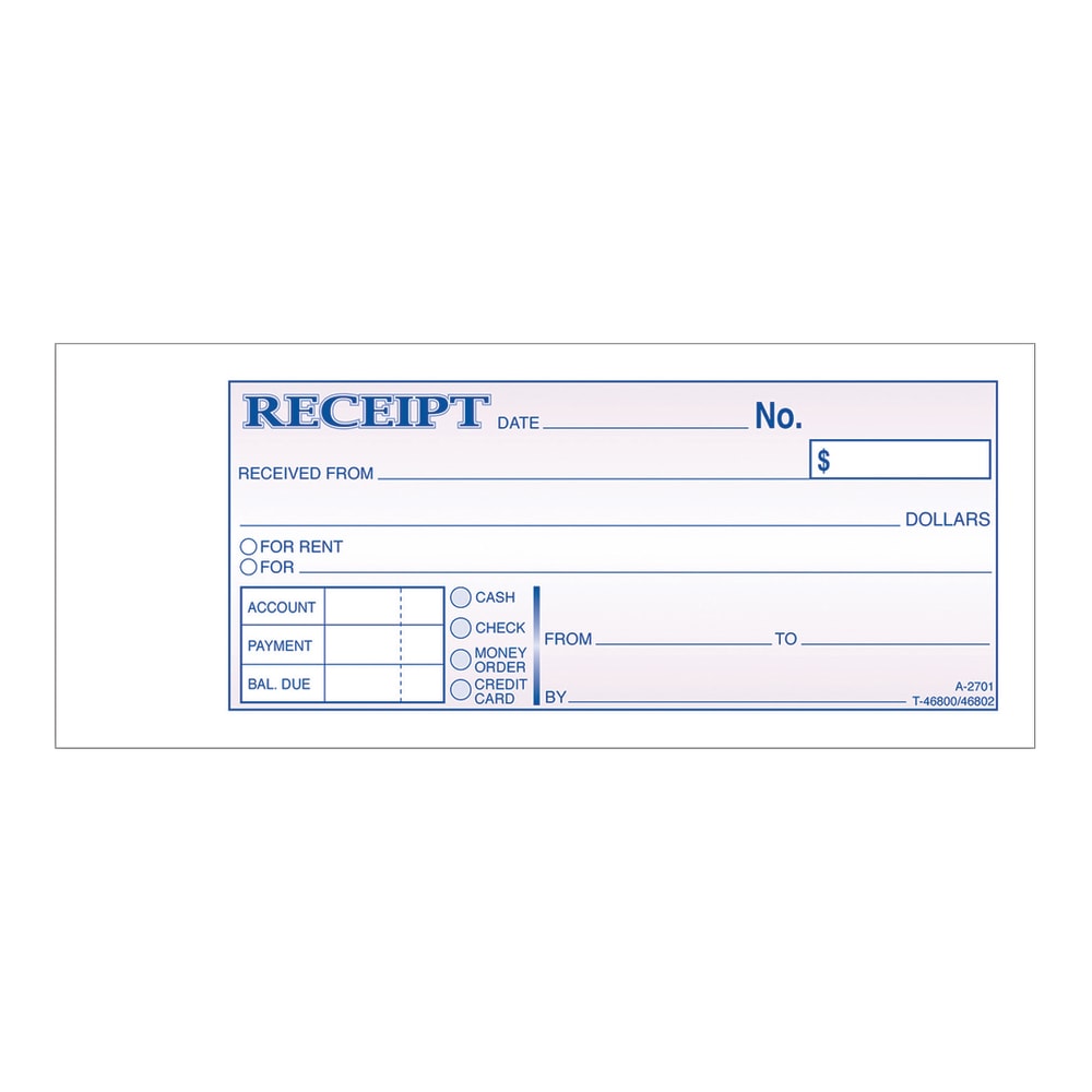 Adams Money/Rent Receipt Books, 7 3/16in x 2 3/4in, 3-Part, Carbonless, 50 Set Book (Min Order Qty 24) MPN:TC2701