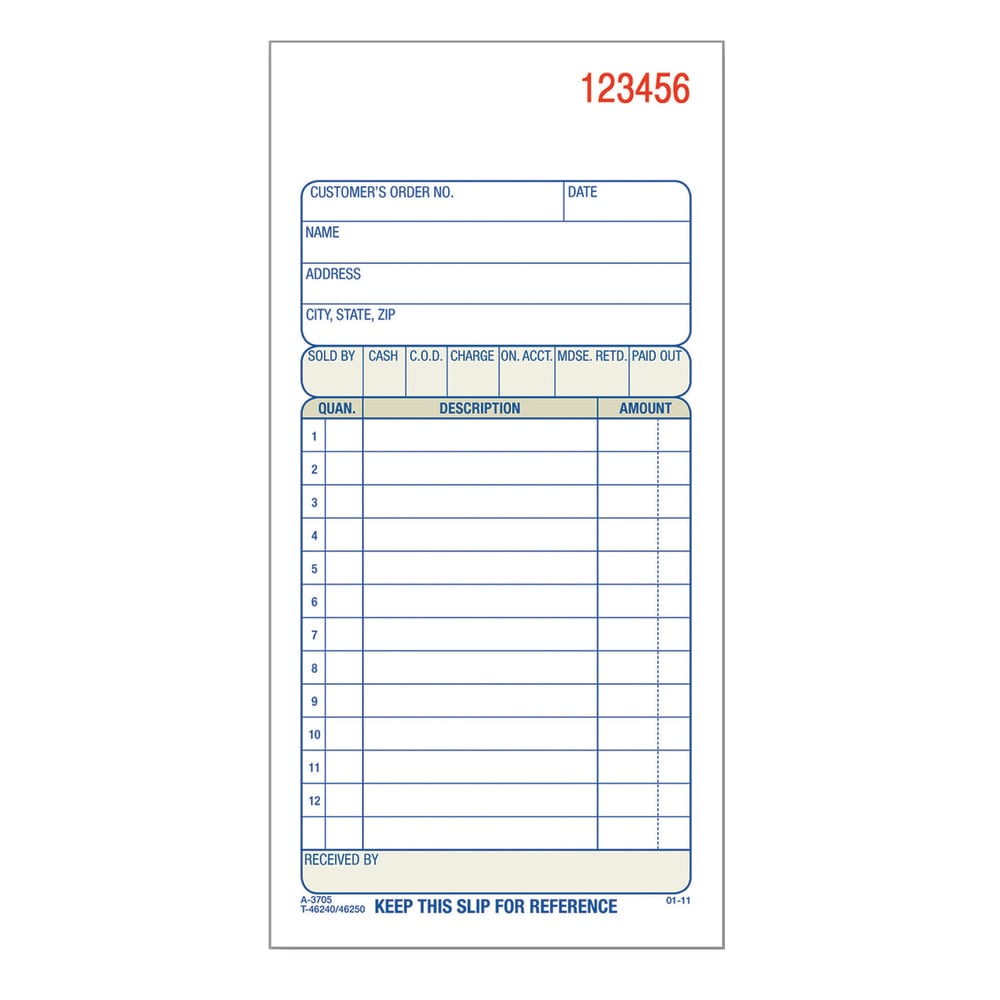 Adams Carbonless 3-Part Sales Book, 3 11/32in x 7 3/16in (Min Order Qty 10) MPN:TC3705