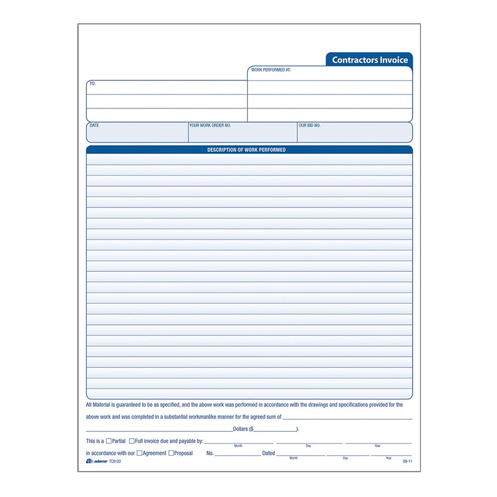 Adams Carbonless Contractors Invoices, 3-Part, 50 Sets (Min Order Qty 6) MPN:TC8122