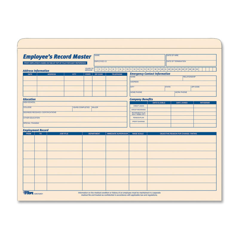 TOPS Employee Record Master File Jackets, 11 3/4in x 9 1/2in, Manila, Pack Of 15 (Min Order Qty 3) MPN:32801