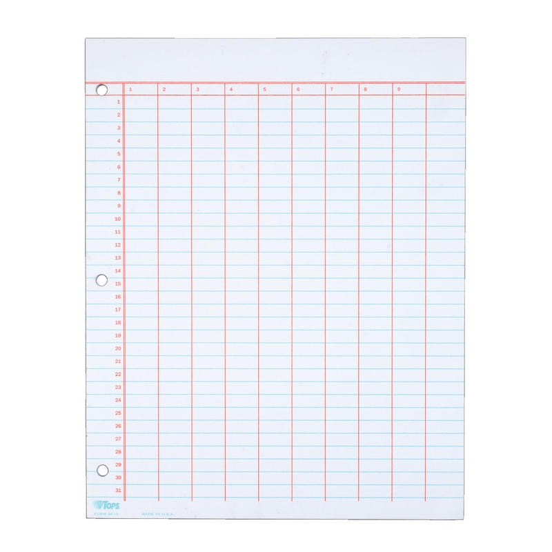 TOPS Data Pad, 9 Column & Summary, 3-Hole Punched, 25 Sheets, White (Min Order Qty 5) MPN:22206