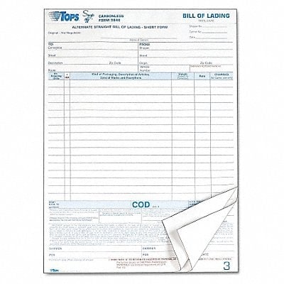 Bill of Lading Forms 3-Part PK50 MPN:TOP3846