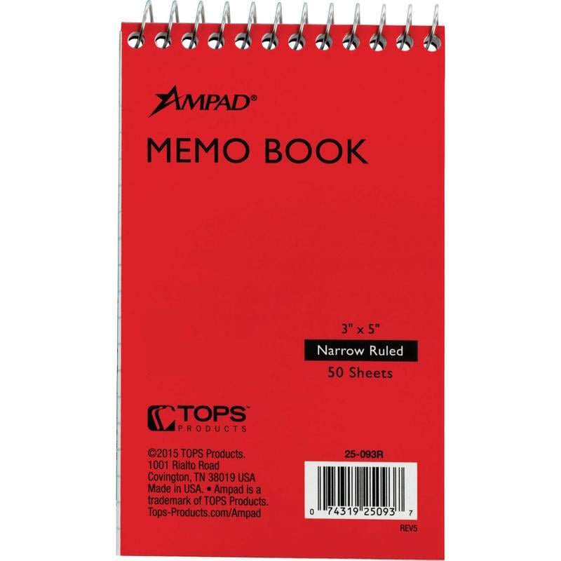 Ampad Topbound Memo Book, 50 Sheets, 3in x 5in (Min Order Qty 19) MPN:25093