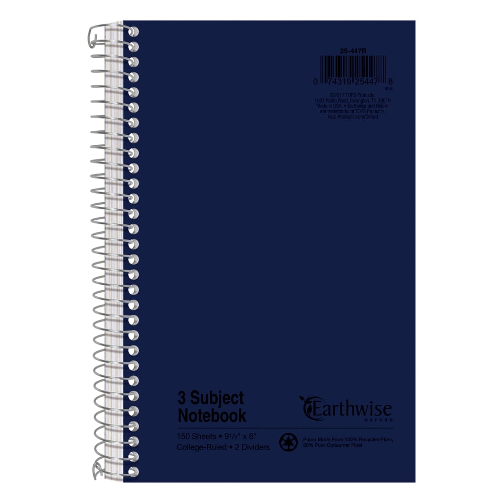 Oxford 3-Subject Wirebound Notebook, 6in x 9 1/2in, 150 Sheets, 30% Recycled, Assorted Colors (Min Order Qty 4) MPN:25447