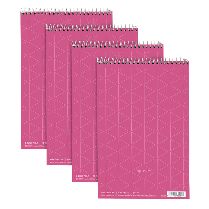 TOPS Prism+ Color Steno Books, 6in x 9in, 100% Recycled, Gregg Ruled, 80 Sheets, Pink, Pack Of 4 (Min Order Qty 3) MPN:80254