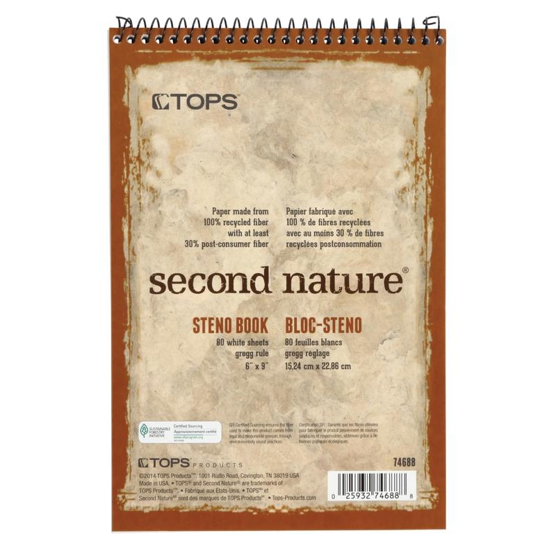 TOPS Second Nature Steno Books, 6in x 9in, Gregg Ruled, 160 Pages (80 Sheets), 100% Recycled, White (Min Order Qty 12) MPN:TOP74688