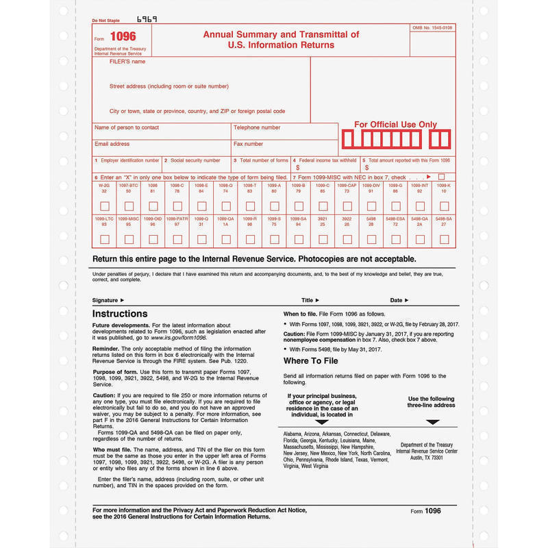 TOPS 1096 Tax Form Carbonless Copy, 8 1/2in x 11in, 2-Part, White, Pack Of 10 (Min Order Qty 9) MPN:2202