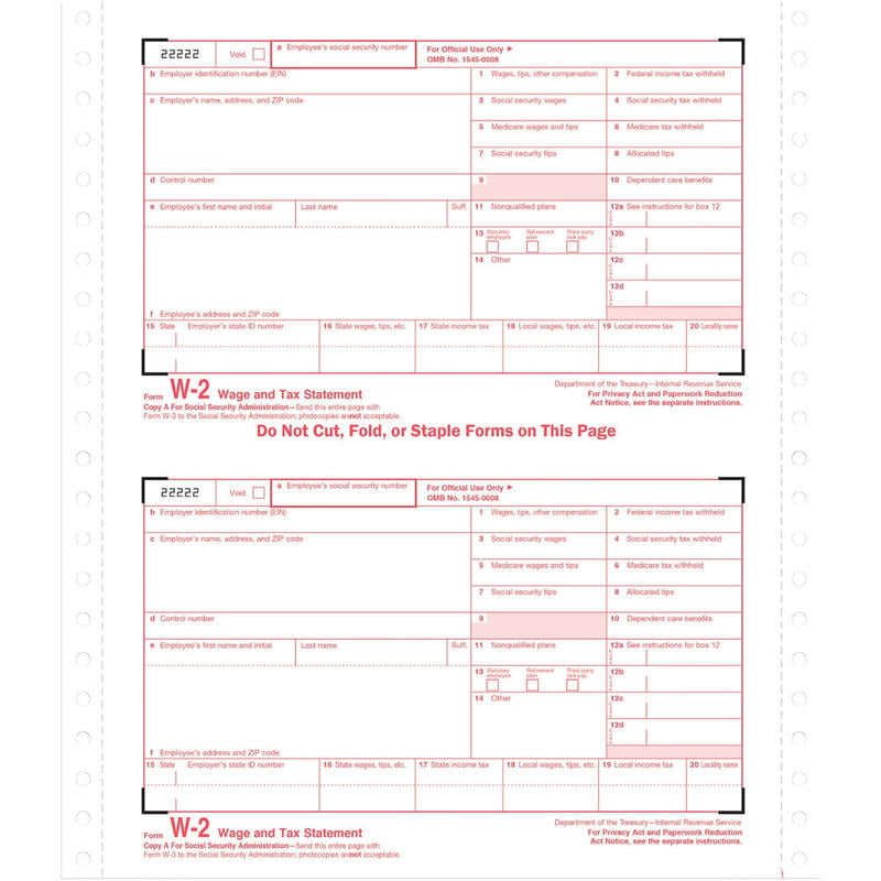 TOPS Carbonless Standard W-2 Tax Forms, 5 1/2in x 8 1/2in, 4-Part, White, Pack Of 24 (Min Order Qty 5) MPN:2204