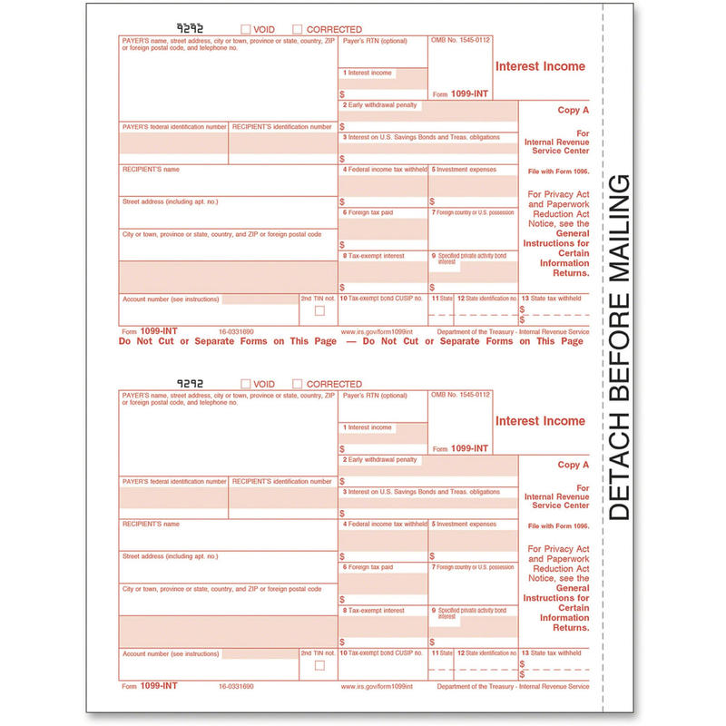 TOPS IRS Approved 1099-INT KIT Tax Forms, 5 1/2in x 8in, 4-Part, Red/Black, Pack Of 24 (Min Order Qty 6) MPN:22983