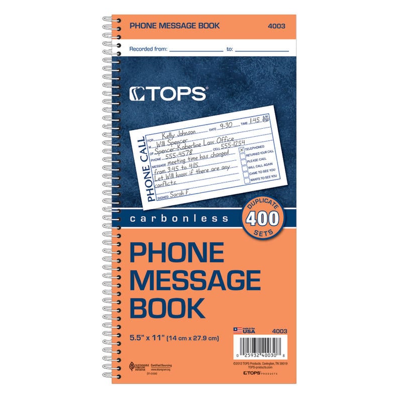 TOPS Phone Message Book, 2-Part, 11in x 5 1/2in, 4 Messages Per Page, 100 Pages (100 Sheets), White/Canary (Min Order Qty 8) MPN:4003