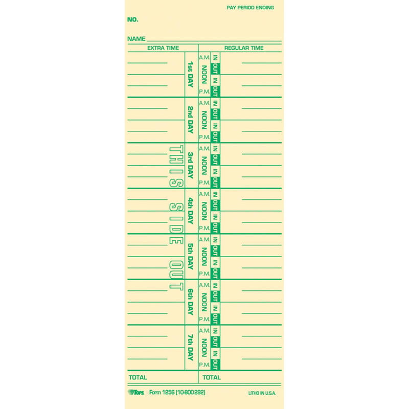 TOPS Numbered Days Time Cards - 3 1/2in x 9in Sheet Size - Yellow - Manila Sheet(s) - Green Print Color - 100 / Pack (Min Order Qty 8) MPN:12563