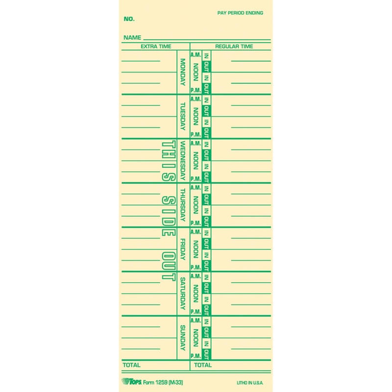 TOPS Named Days Time Cards - 3 1/2in x 9in Sheet Size - Manila Sheet(s) - Green Print Color - 100 / Pack (Min Order Qty 5) MPN:12593