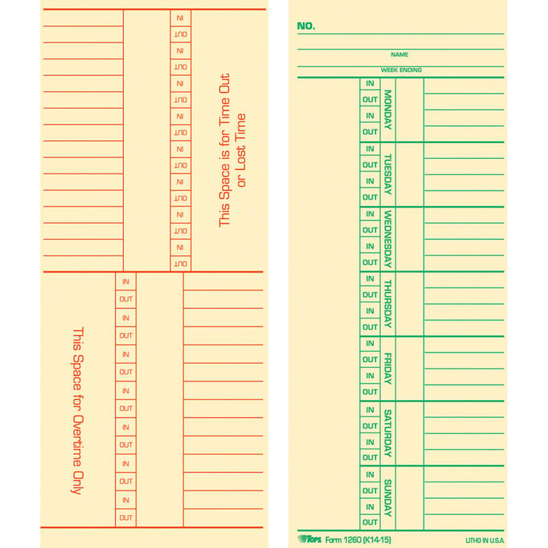 TOPS Named Days/Overtime Time Cards - 3.37in x 8.25in Sheet Size - Yellow - Manila Sheet(s) - Green, Red Print Color - 100 / Pack (Min Order Qty 6) MPN:TOP12603