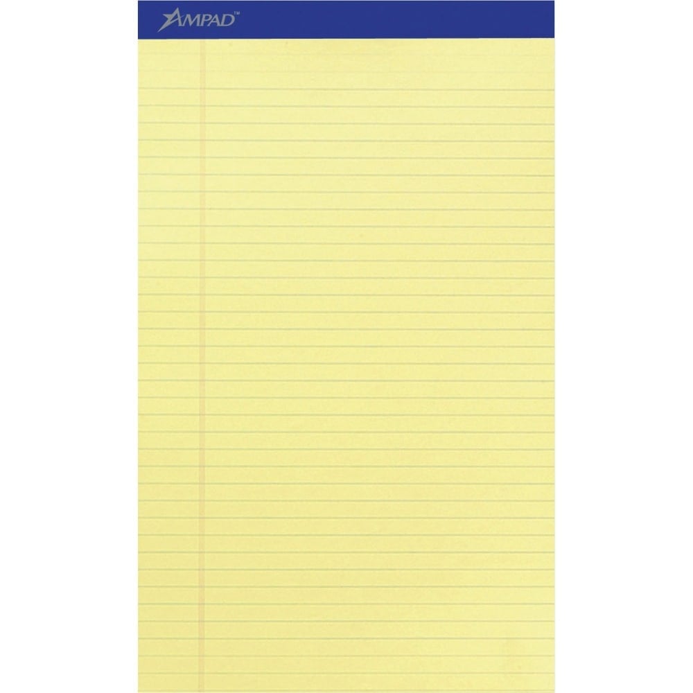 Ampad Writing Pad - 50 Sheets - Stapled - 0.34in Ruled - 15 lb Basis Weight - Legal - 8 1/2in x 14in - Canary Yellow Paper - Dark Blue Binding - Perforated, Sturdy Back, Chipboard Backing, Tear Resistant - 1 Dozen (Min Order Qty 2) MPN:20230