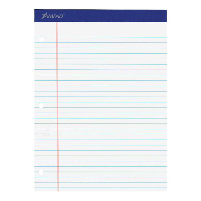 Ampad Perforated 3-Hole Punched Dual Writing Pad, Legal Wide Rule, 8 1/2in x 11 3/4in, White, 100 Sheets (Min Order Qty 5) MPN:20244