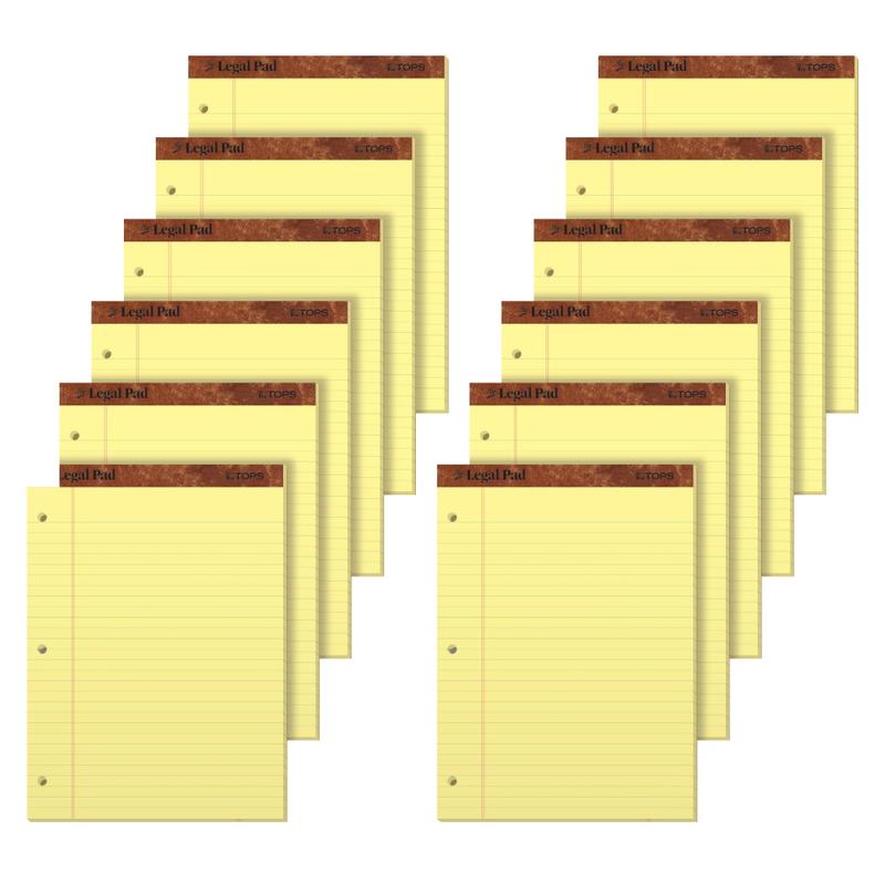 TOPS 3-Hole Punched Perforated Writing Pads, 8 1/2in x 11 3/4in, Legal Ruled, 50 Sheets, Canary, Pack Of 12 Pads (Min Order Qty 3) MPN:75351