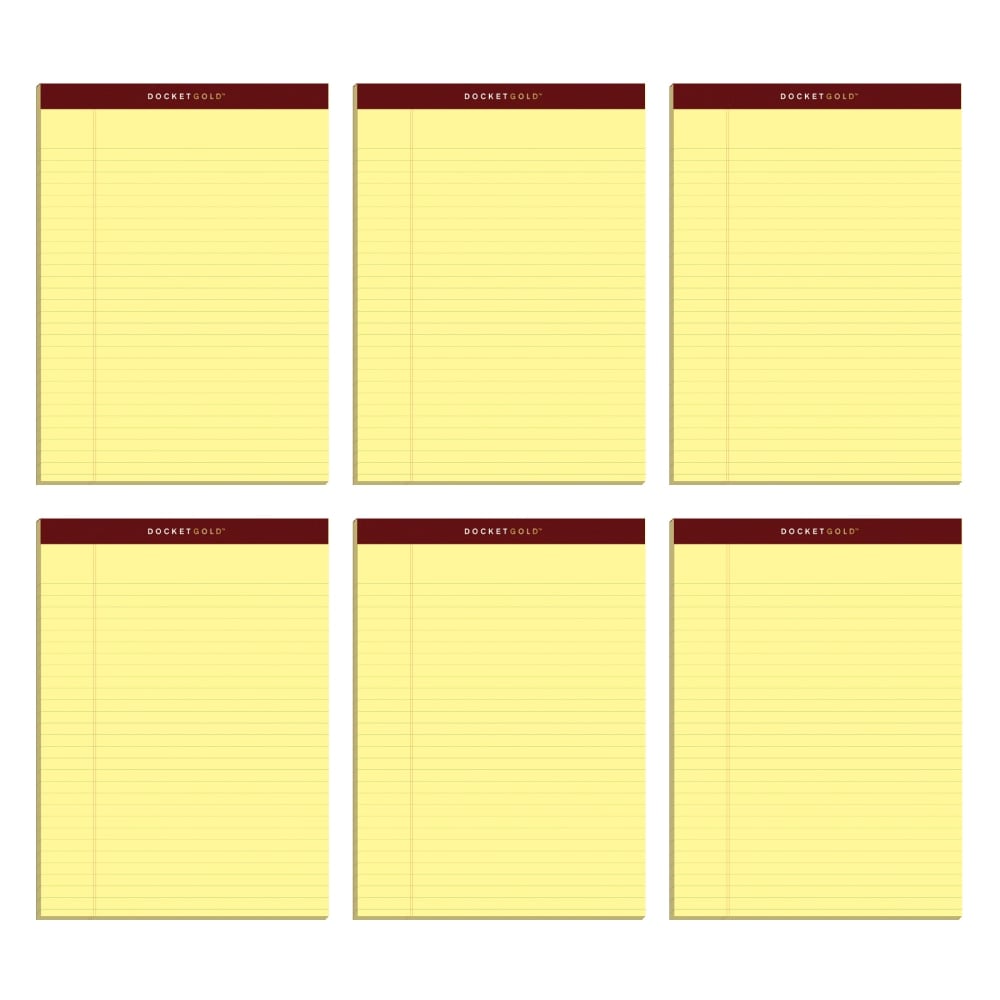 TOPS Docket Gold Premium Writing Pads, 8 1/2in x 11 3/4in, Legal Ruled, 50 Sheets, Canary, Pack Of 6 Pads (Min Order Qty 5) MPN:99707