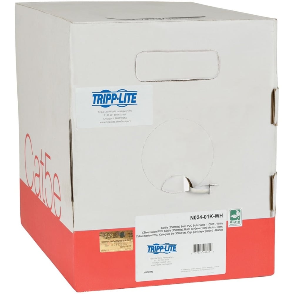 Eaton Tripp Lite Series Cat5e 350 MHz Solid Core Plenum-Rated (UTP) PVC Bulk Ethernet Cable - White, 1000 ft. (304.8 m) - Bulk cable - 1000 ft - UTP - CAT 5e - IEEE 802.3ab/IEEE 802.5 - plenum, solid - white MPN:N024-01K-WH