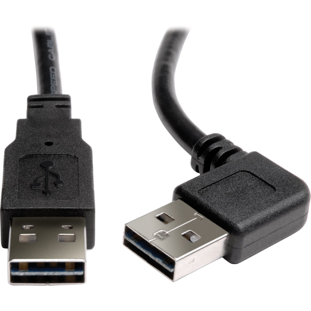 Eaton Tripp Lite Series Universal Reversible USB 2.0 Cable (Right/Left-Angle Reversible A to Reversible A M/M), 3 ft. (0.91 m) - USB cable - USB (M) to USB (M) - USB 2.0 - 3 ft - 90 deg. connector, molded - black (Min Order Qty 8) MPN:UR020-003-RA