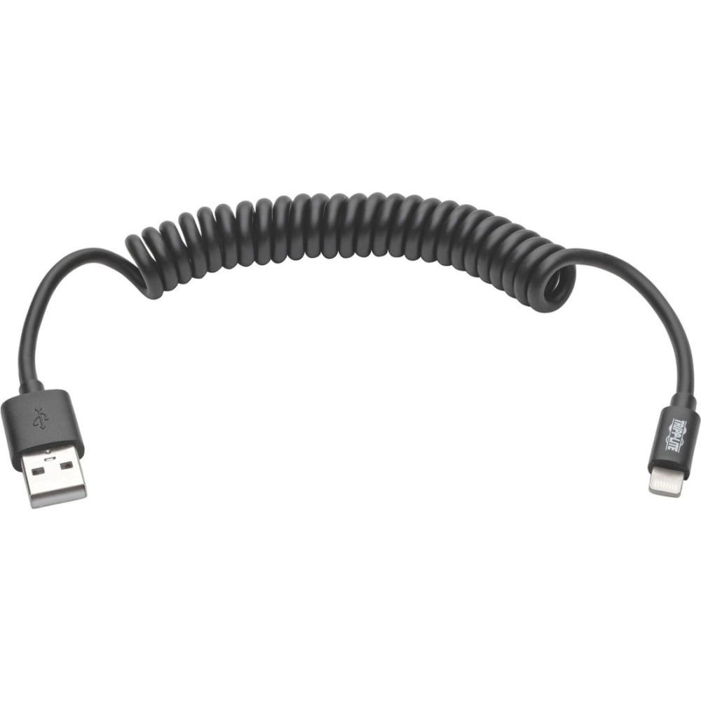 Tripp Lite 4ft Lightning USB/Sync Charge Coiled Cable for Apple Iphone / Ipad Black 4ft - USB/Proprietary for iPhone, iPod, Notebook, iPad, Desktop Computer - 4 ft - 1 x Type A Male USB - 1 x Lightning Male Proprietary Connector - MFI (Min Order Qty 3) MP