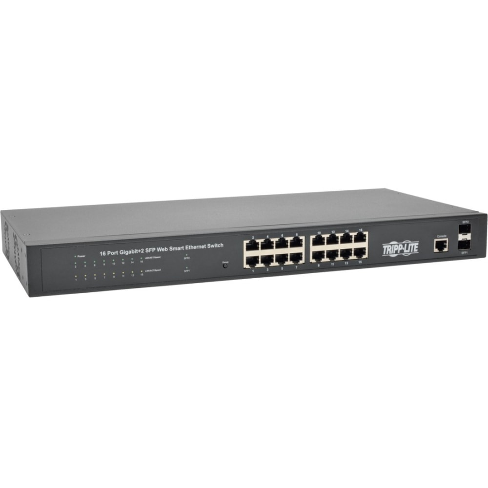 Tripp Lite 16-Port Gigabit Ethernet Switch L2 Managed SFP 10/100/1000Mbps - 16 x Gigabit Ethernet Network, 2 x Gigabit Ethernet Expansion Slot - Manageable - Twisted Pair, Optical Fiber - Modular MPN:NGS16C2