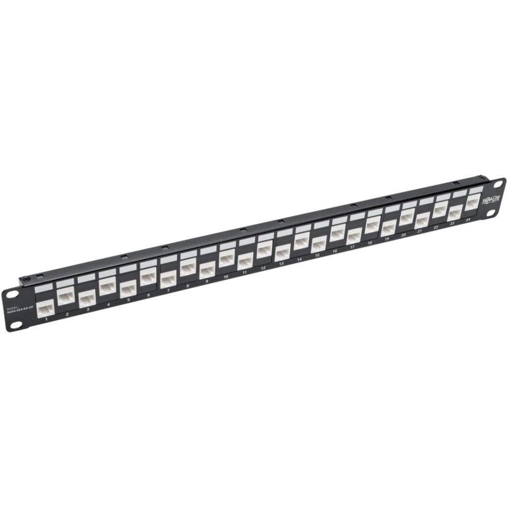 Eaton Tripp Lite Series 24-Port 1U Rack-Mount Cat6a/Cat6/Cat5e Offset Feed-Through Patch Panel with Cable Management Bar, RJ45 Ethernet, TAA - Patch panel - RJ-45 X 24 - 1U - 19in - TAA Compliant MPN:N254-024-6A-OF