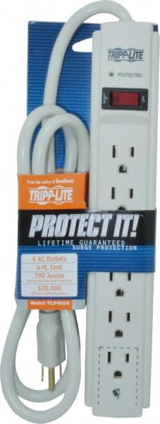 6 Outlets, 120 Volts, 15 Amps, 4' Cord, Power Outlet Strip MPN:TLP604