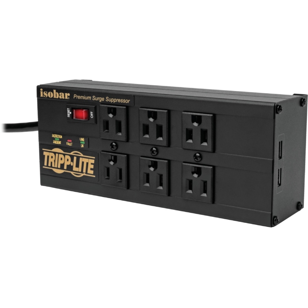 Tripp Lite Isobar 6-Outlet Surge Protector - 10 ft. Cord, Right-Angle Plug, 3840 Joules, 2 USB Ports, Metal Housing - Surge protector - 12 A - AC 120 V - 1440 Watt - output connectors: 8 - 10 ft cord - black MPN:IBAR6ULTRAUSBB