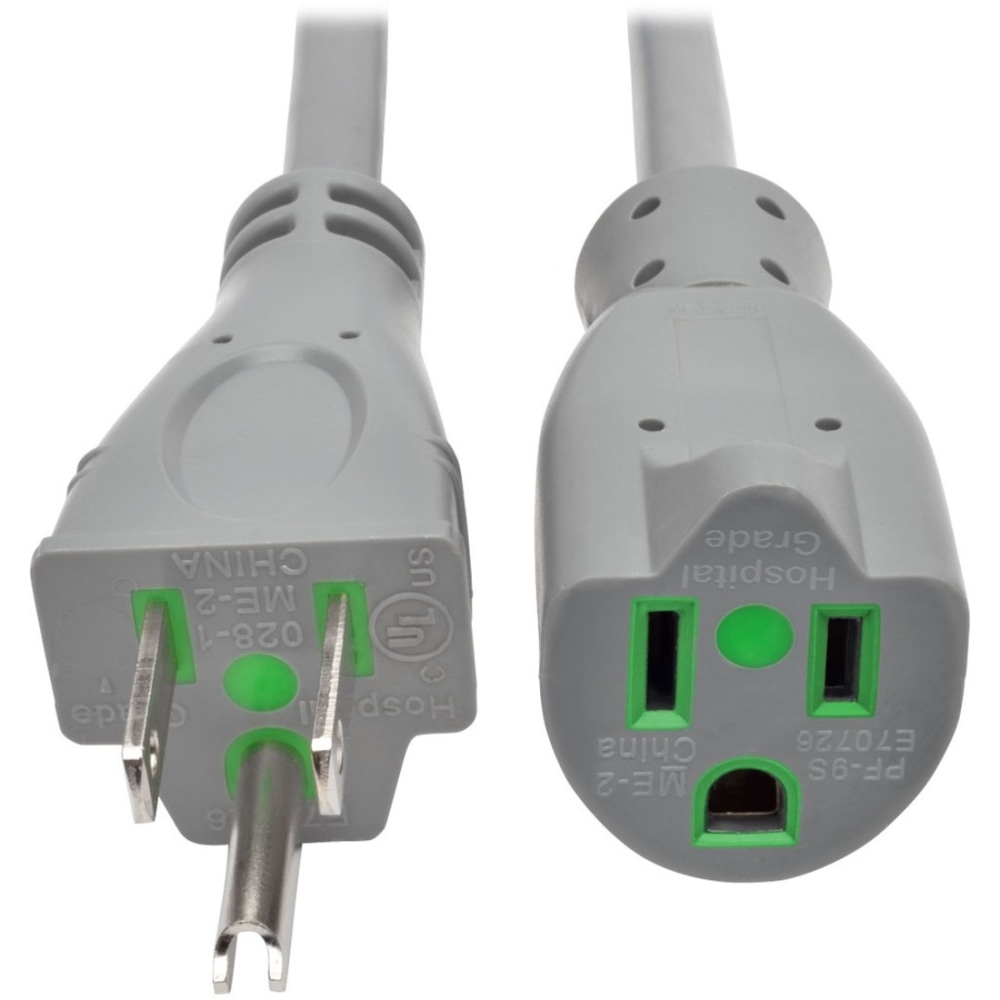 Eaton Tripp Lite Series Hospital-Grade Extension Cord, NEMA 5-15P to NEMA 5-15R - Green Dot, 13A, 125V, 16 AWG, 2 ft. (0.61 m), Gray - Power extension cable - NEMA 5-15R (R) to NEMA 5-15P (P) - AC 125 V - 13 A - 2 ft - molded - gray (Min Order Qty 6) MPN: