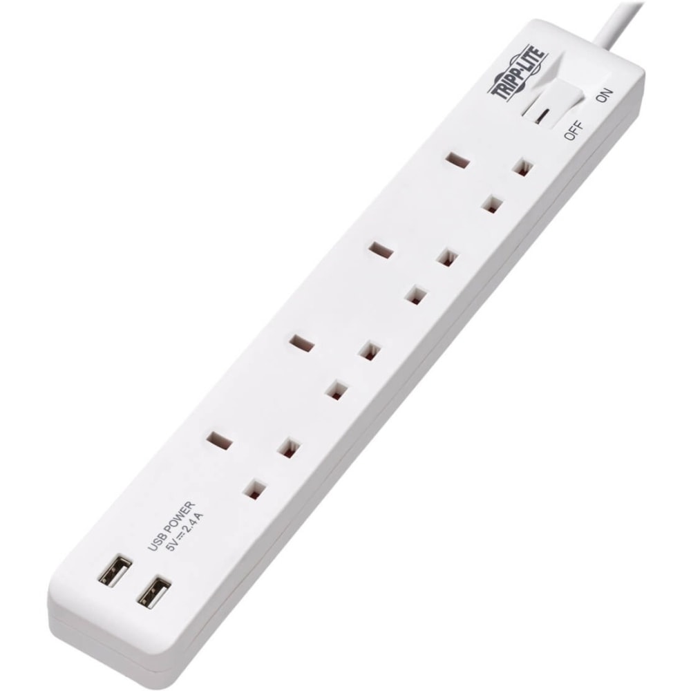 Tripp Lite 4-Outlet Power Strip with USB-A Charging - BS1363A Outlets, 220-250V, 13A, 1.8 m Cord, BS1363A Plug, White - Power strip - 13 A - AC 230 V - input: BS 1363A - output connectors: 4 (2 x USB, 4 x BS 1363A) - 6 ft cord - white (Min Order Qty 2) MP