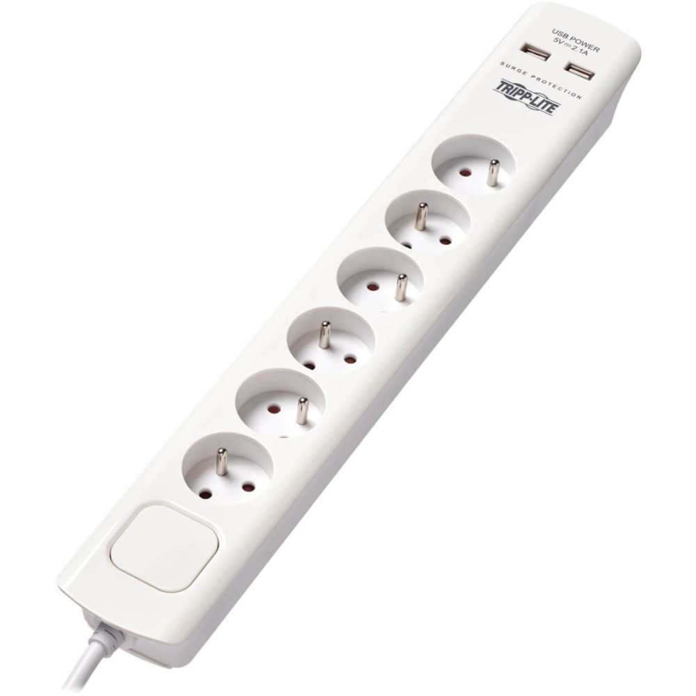 Tripp Lite 6-Outlet Surge Protector with USB Charging - French Type E Outlets, 220-250V, 16A, 1.8 m Cord, Type E Plug, White - Surge protector - 16 A - AC 230 V - output connectors: 6 - 6 ft cord - France - white - for P/N: CLAMPUSBLK (Min Order Qty 2) MP