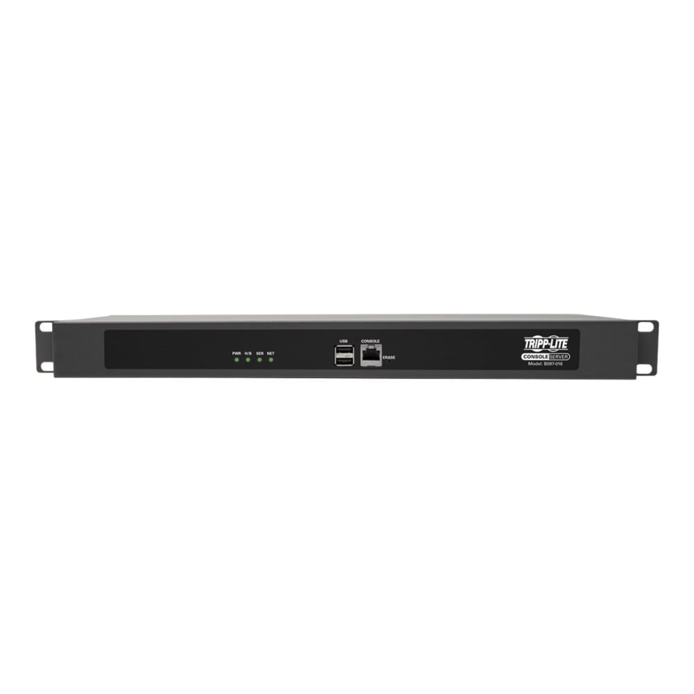 Eaton Tripp Lite Series 16-Port Serial Console Server, USB Ports (2) - Dual GbE NIC, 4 Gb Flash, Desktop/1U Rack, TAA - Console server - 16 ports - 1GbE, RS-232 - 1U - TAA Compliant MPN:B097-016