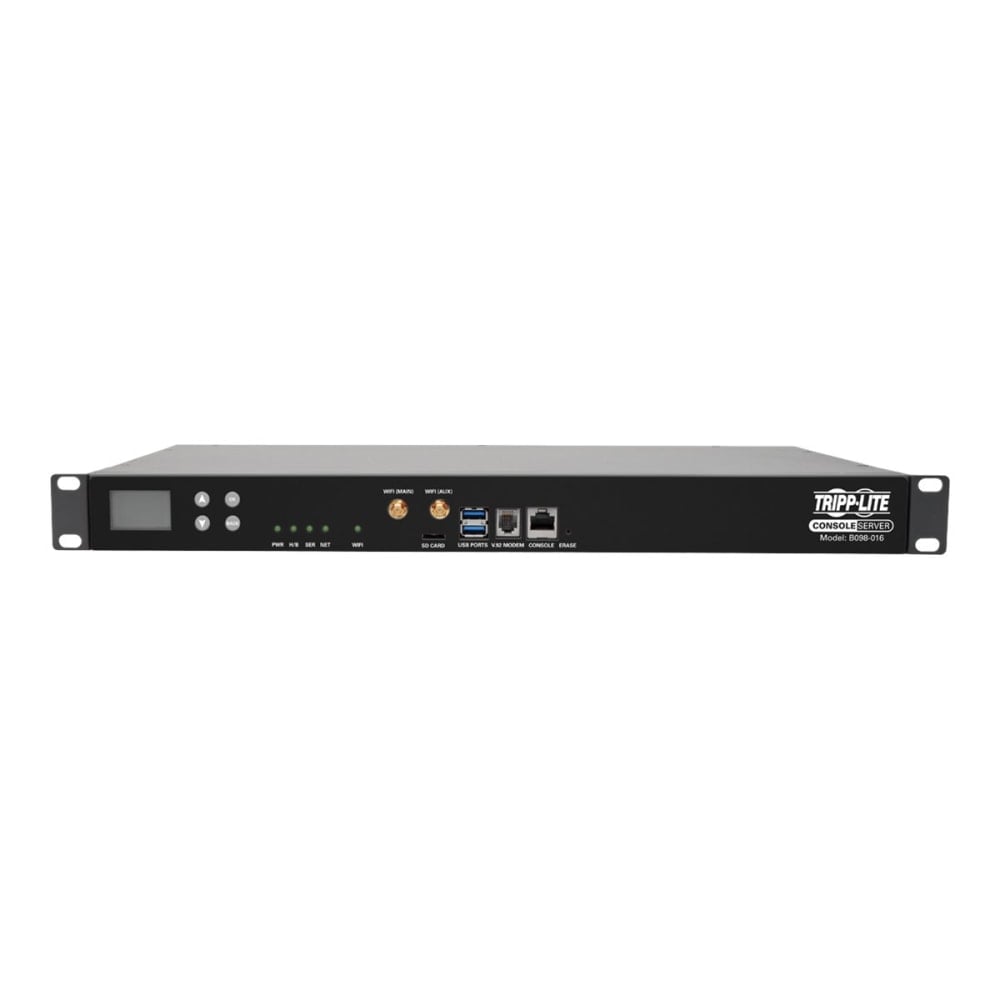 Tripp Lite 16-Port Console Server USB Ports (2) Dual GbE NIC 16 Gb Flash SD Card Desktop/1U Rack TAA - Twisted Pair - 2 x Network (RJ-45) - 2 x USB - 16 x Serial Port - 10/100/1000Base-T - Gigabit Ethernet - Wireless LAN - Desktop, Rack-mountable MPN:B098