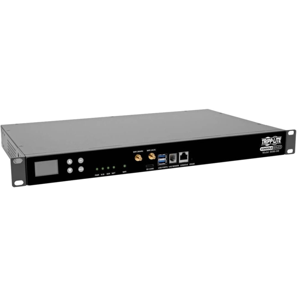 Eaton Tripp Lite Series 48-Port Serial Console Server, USB Ports (2) - Dual GbE NIC, 16 Gb Flash, SD Card, Desktop/1U Rack, TAA - Console server - 48 ports - 1GbE, RS-232 - 2.4 GHz - analog ports: 1 - 1U - TAA Compliant MPN:B098-048