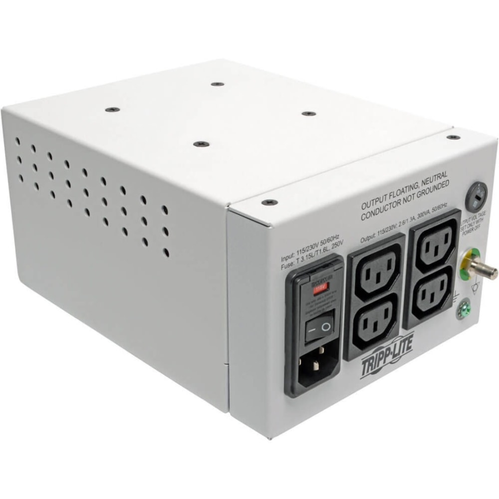 Tripp Lite Isolator Series Dual-Voltage 115/230V 300W 60601-1 Medical-Grade Isolation Transformer, C14 Inlet, 4 C13 Outlets - Transformer - AC 115/230 V - 300 Watt - 300 VA - output connectors: 4 - white MPN:IS300HGDV