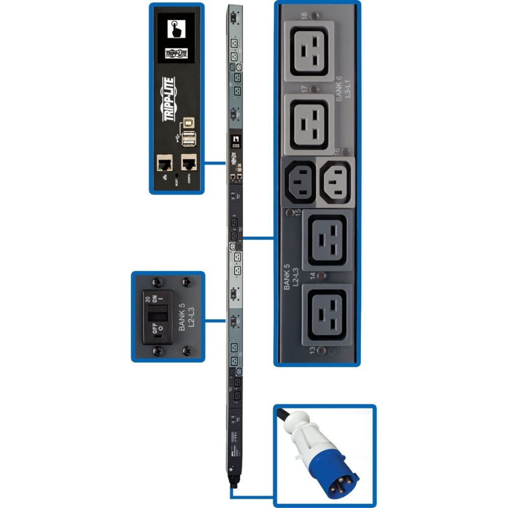 Tripp Lite PDU 3-Phase Switched 16.2kW 208V 6 C13 12 C19 60A Blue 0U TAA Outlet Monitoring - Power distribution unit (rack-mountable) - 60 A - AC 208 V - 16.2 kW - 3-phase - Ethernet 10/100/1000 - input: IEC 60309 3P+E MPN:PDU3EVSR6G60A