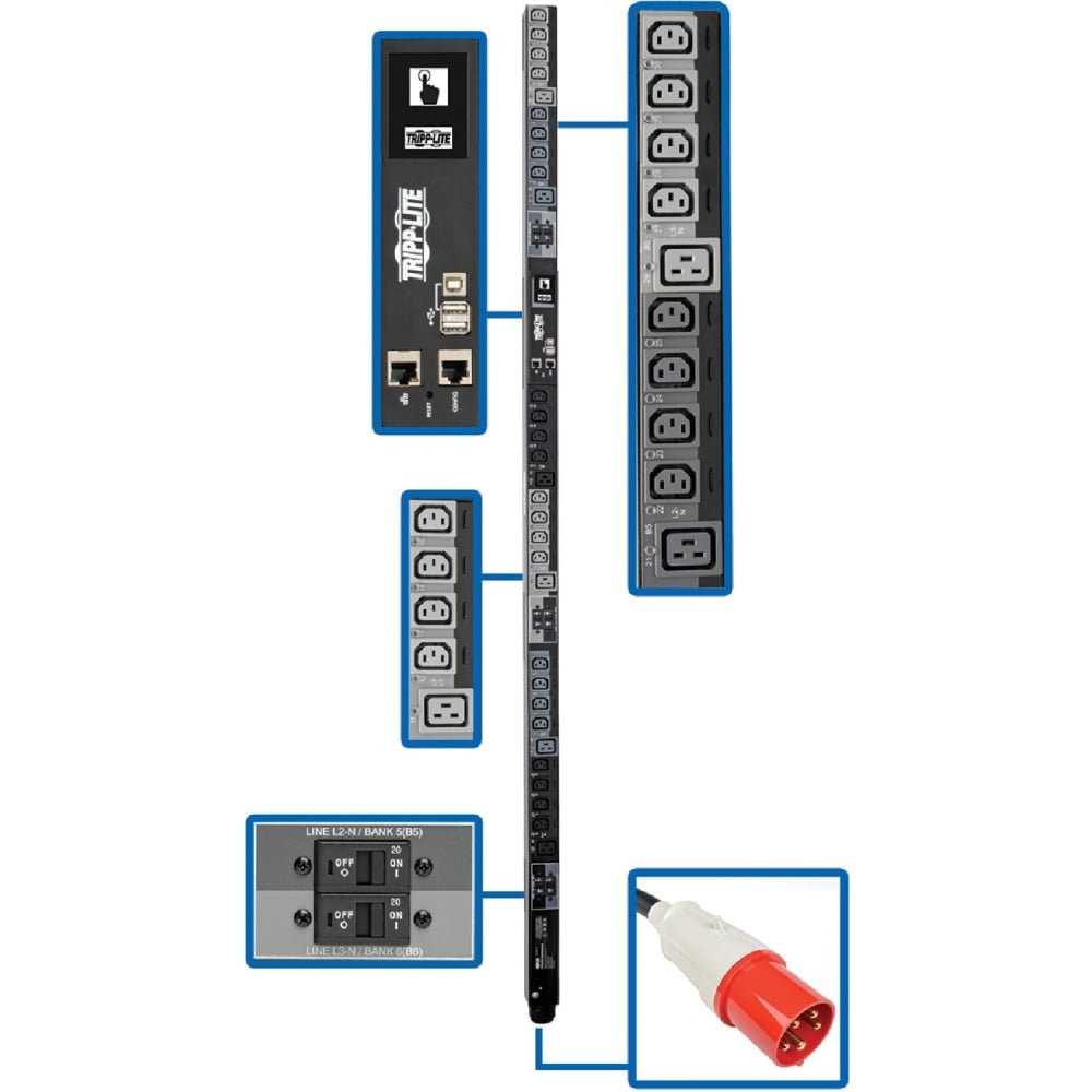 Tripp Lite 27.7kW 3-Phase Switched PDU, LX Platform Interface, 220/230V Outlets (24 C13/6 C19), Touchscreen LCD, IEC 309 63A Red 380/400V, 0U, TAA - Power distribution unit (rack-mountable) - 40 A - AC 380/400 V - 27.7 kW MPN:PDU3XEVSR6G63B