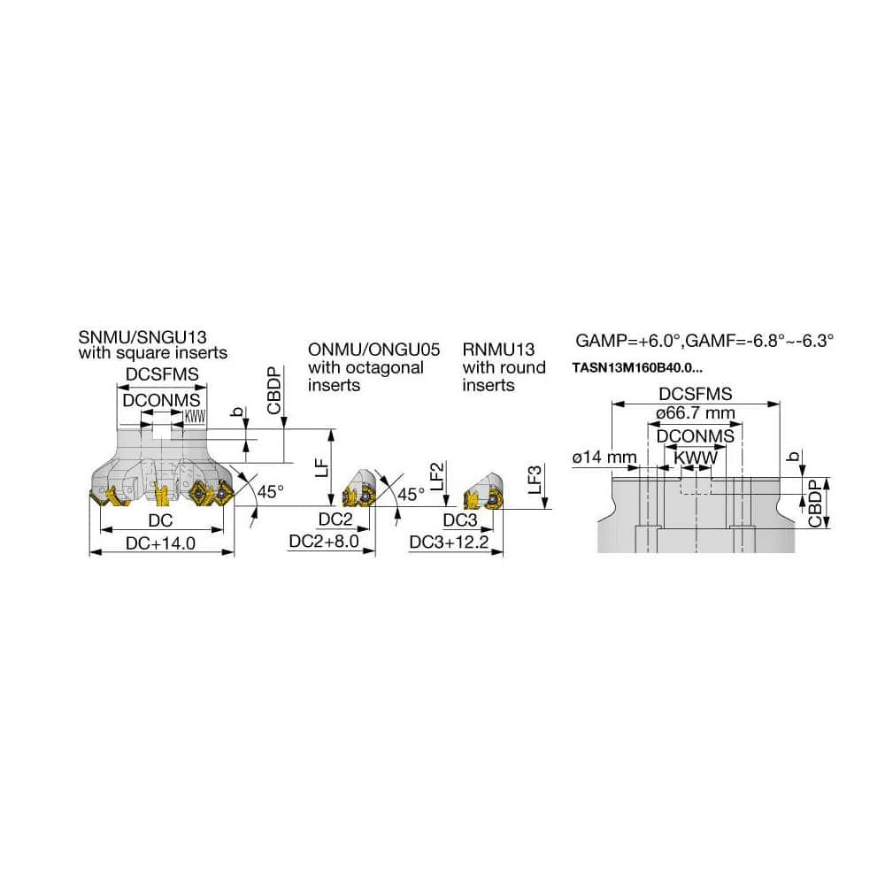 Indexable Chamfer & Angle Face Mills, Minimum Cutting Diameter (mm): 100.00, Maximum Cutting Diameter (mm): 114.00, Maximum Depth of Cut (mm): 6.00 MPN:6999408