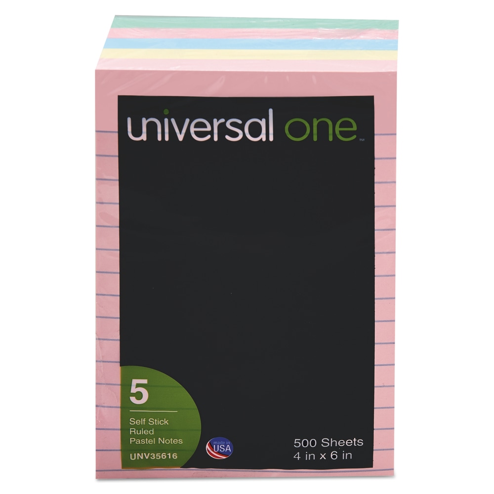 Universal Lined Self-Stick Notes, 4 in x 6 in, Assorted Colors, 100 Sheets Per Pad, Pack Of 5 Pads (Min Order Qty 5) MPN:35616