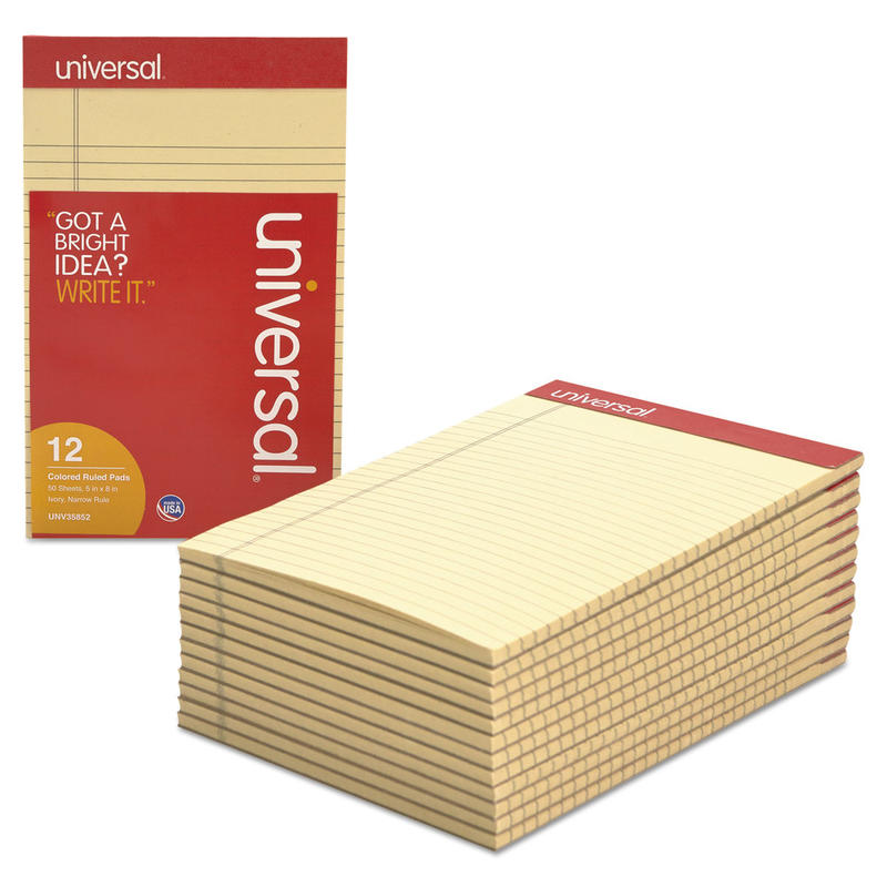 Universal Color Perforated Notepads, 5in x 8in, Narrow Ruled, 100 Pages (50 Sheets), Ivory, Pack Of 12 (Min Order Qty 2) MPN:35852