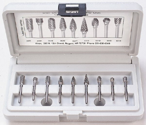 9 Pc Single Cut Burr Set with Ball, Cylinder, Cylinder w/Rad End, Flame, Oval, Taper, Tree w/Pointed End, Tree w/Rad End MPN:UNKNOWN