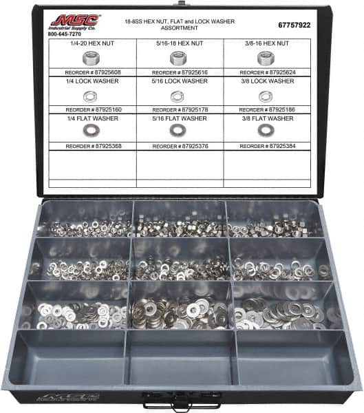 1/4-20 to 3/8-16 Thread, 750 Piece Stainless Steel Nut & Washer Assortment MPN:67757922
